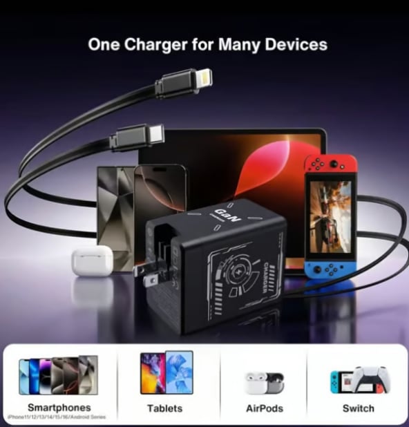 2-in-1 GaN PD3.0 Charger with Retractable Cables（Plug specifications: US standard plug）