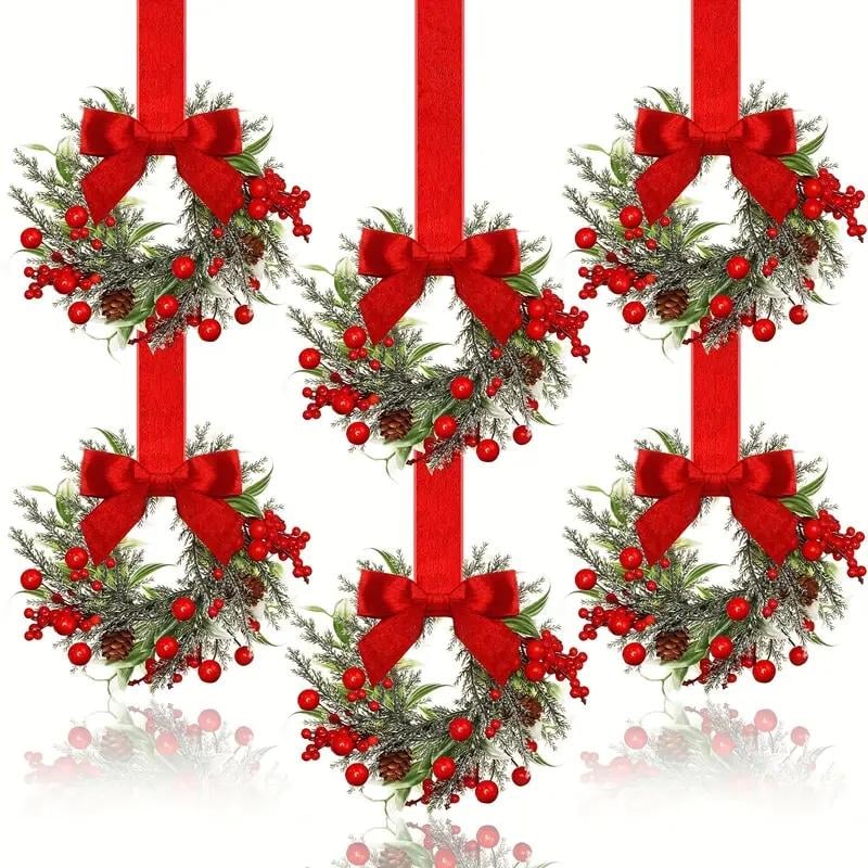 🎅6-Pack Christmas Mini Window Wreaths with Ribbon Bows & Red Berries🎁