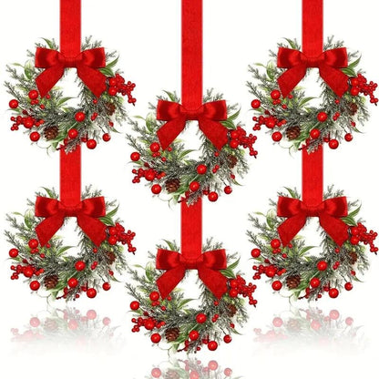 🎅6-Pack Christmas Mini Window Wreaths with Ribbon Bows & Red Berries🎁