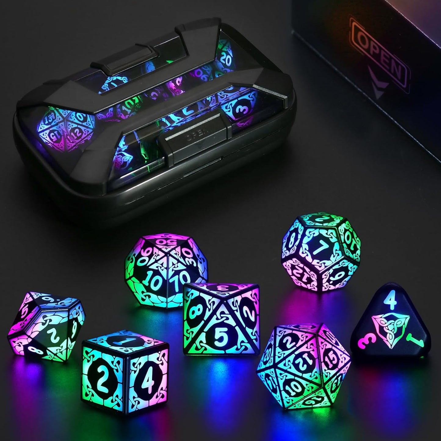 ZHOORQI Rechargeable LED Dice Set - Auto Glow Polyhedral DND Dice with Wireless Charging Case