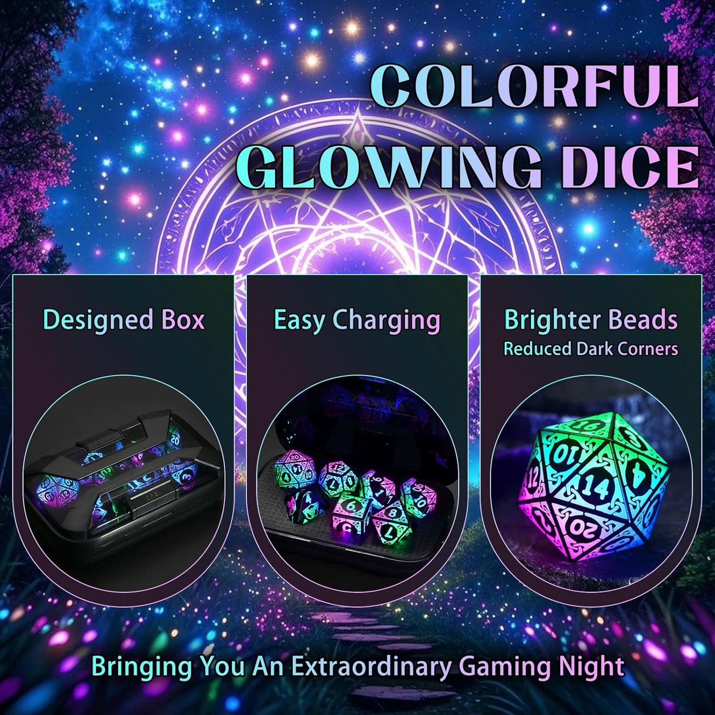 ZHOORQI Rechargeable LED Dice Set - Auto Glow Polyhedral DND Dice with Wireless Charging Case