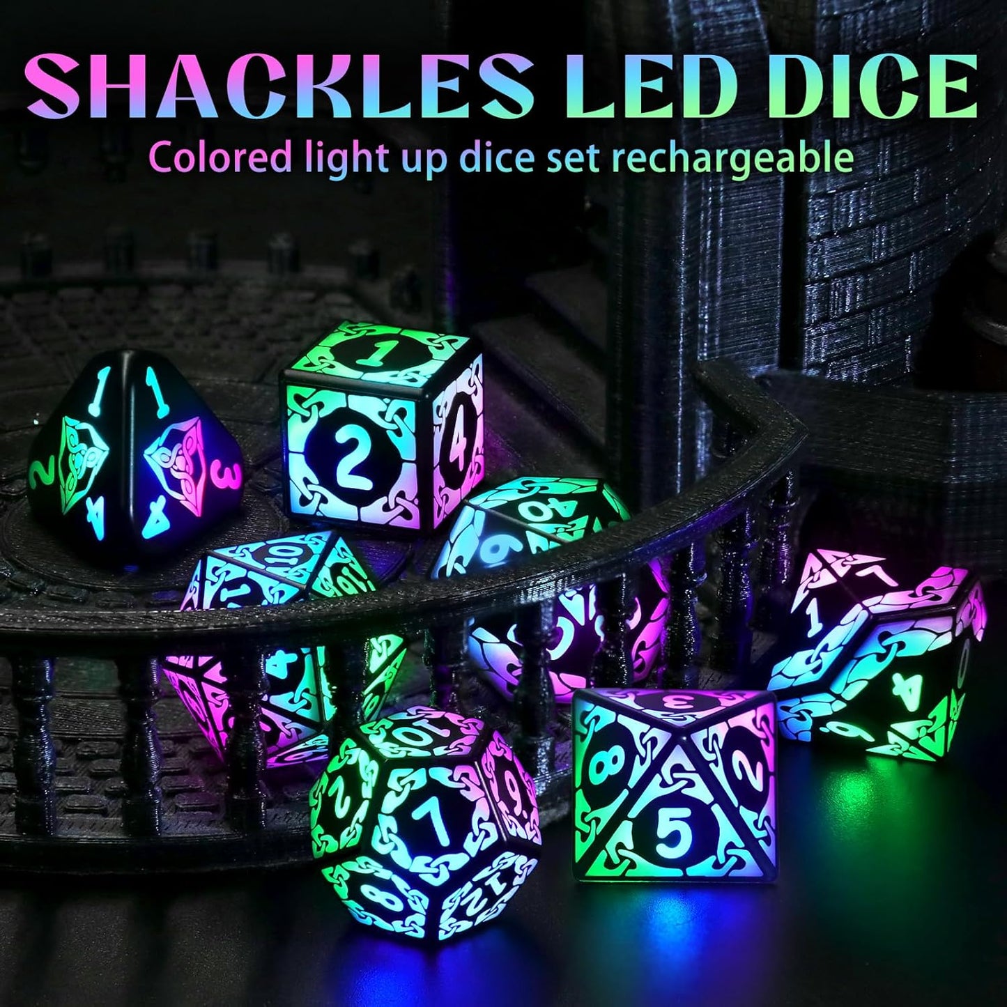 ZHOORQI Rechargeable LED Dice Set - Auto Glow Polyhedral DND Dice with Wireless Charging Case