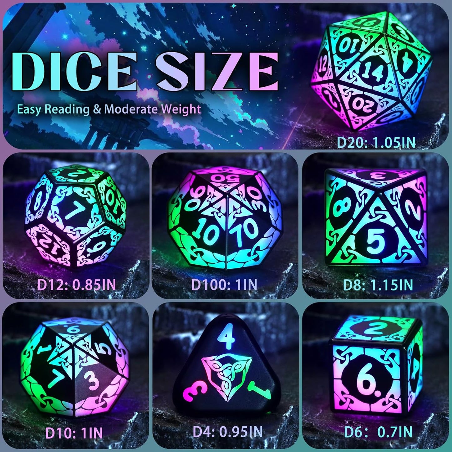 ZHOORQI Rechargeable LED Dice Set - Auto Glow Polyhedral DND Dice with Wireless Charging Case
