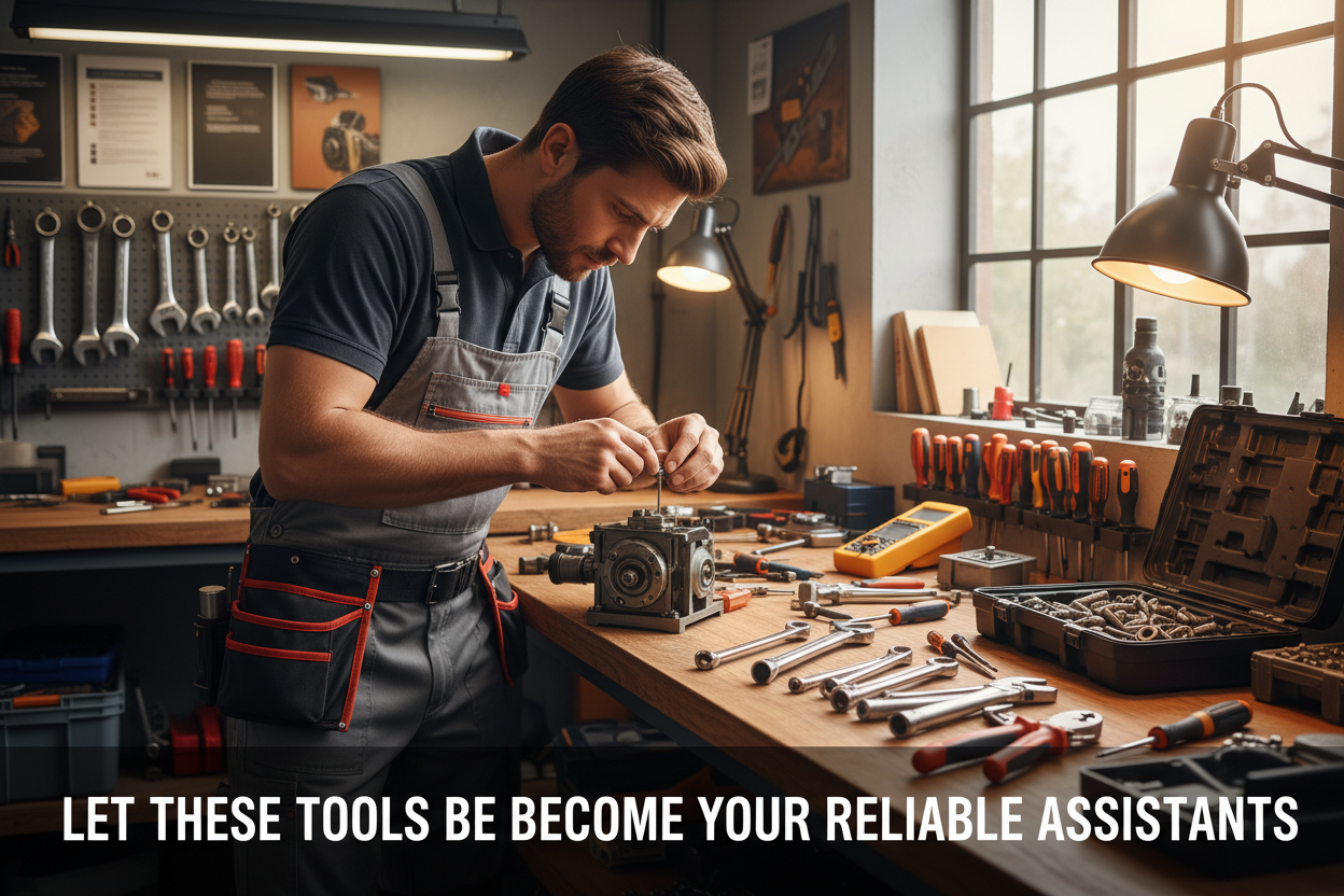 一个修理师在修理东西旁边有各式各样的工具  然后图片上写着让这些工具成为你的得力助手英文的