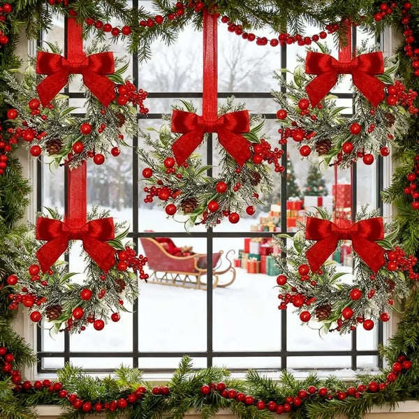 🎅6-Pack Christmas Mini Window Wreaths with Ribbon Bows & Red Berries🎁