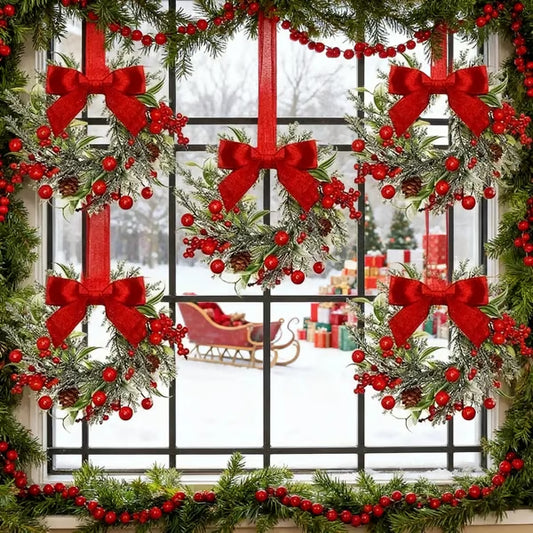 🎅6-Pack Christmas Mini Window Wreaths with Ribbon Bows & Red Berries🎁